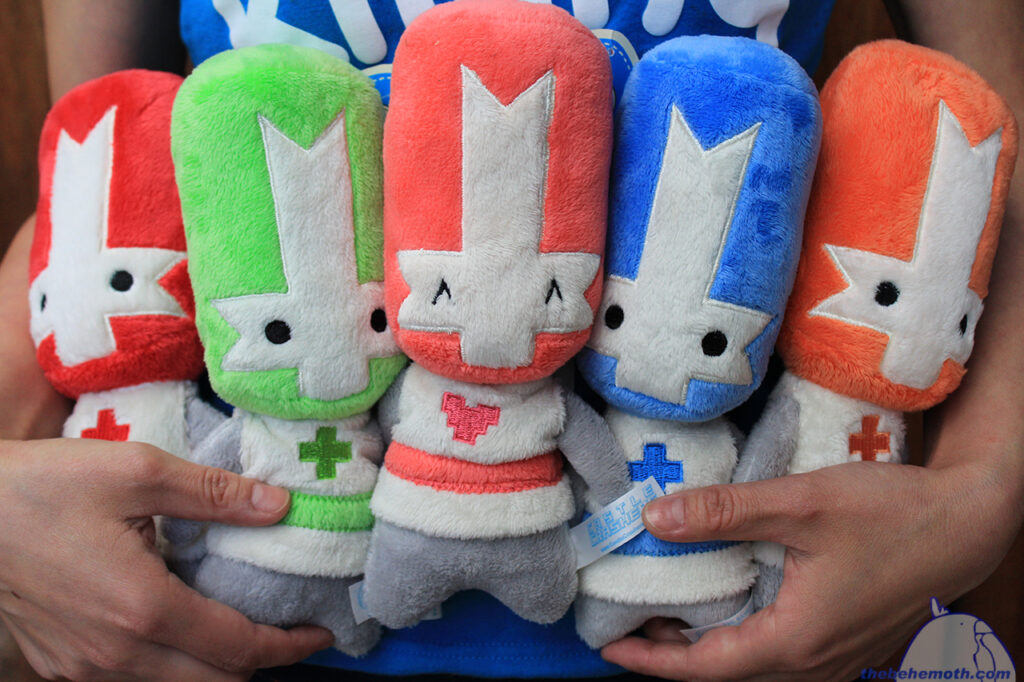 Plush Castle Crashers Knights. Available in Red, Green, Pink, Blue, and Orange. $15 each. 