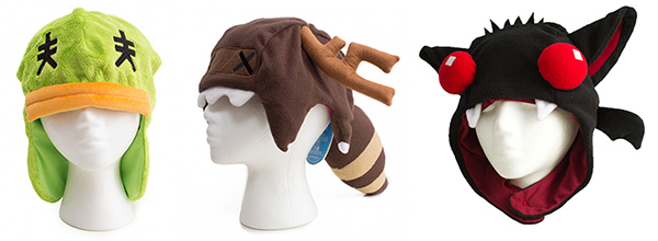 Plush Hats. Designs available (from left to right): Duckshark, Raccoon, Bitey Bat. $15 each. 