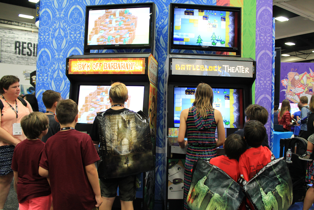 We got to see more lines for our games. Here's Back Off Barbarian & BattleBlock Theater in our custom built arcade cabinets. 