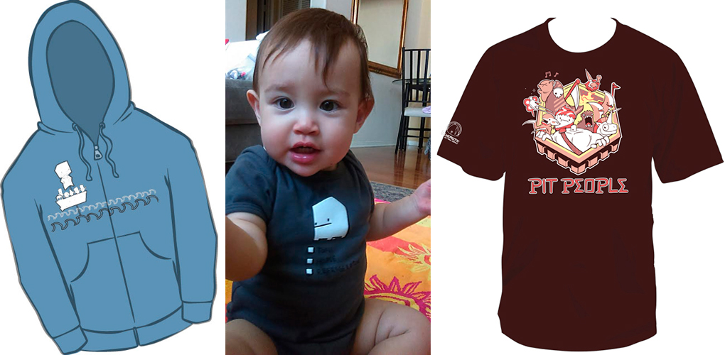 From left to right: SS Friendship Hoodie, Baby Onesie, Pit People Fighters tee