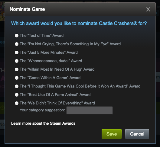 2) Choose the Award you want to nominate the game for and then click "Save"